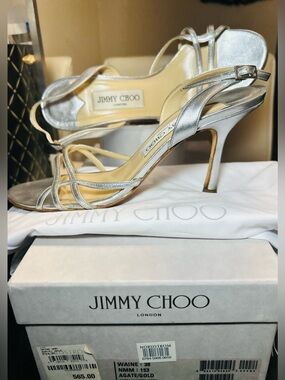 Jimmy Choo Silver Strappy 3 inch Stiletto
Sandals w Duster & Box | Size: EU 38.5